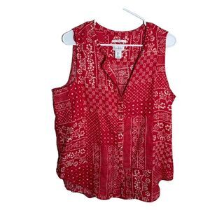 Nicole Miller Tank Top Women's Large Red Printed Boho 100% Linen Sleeveless